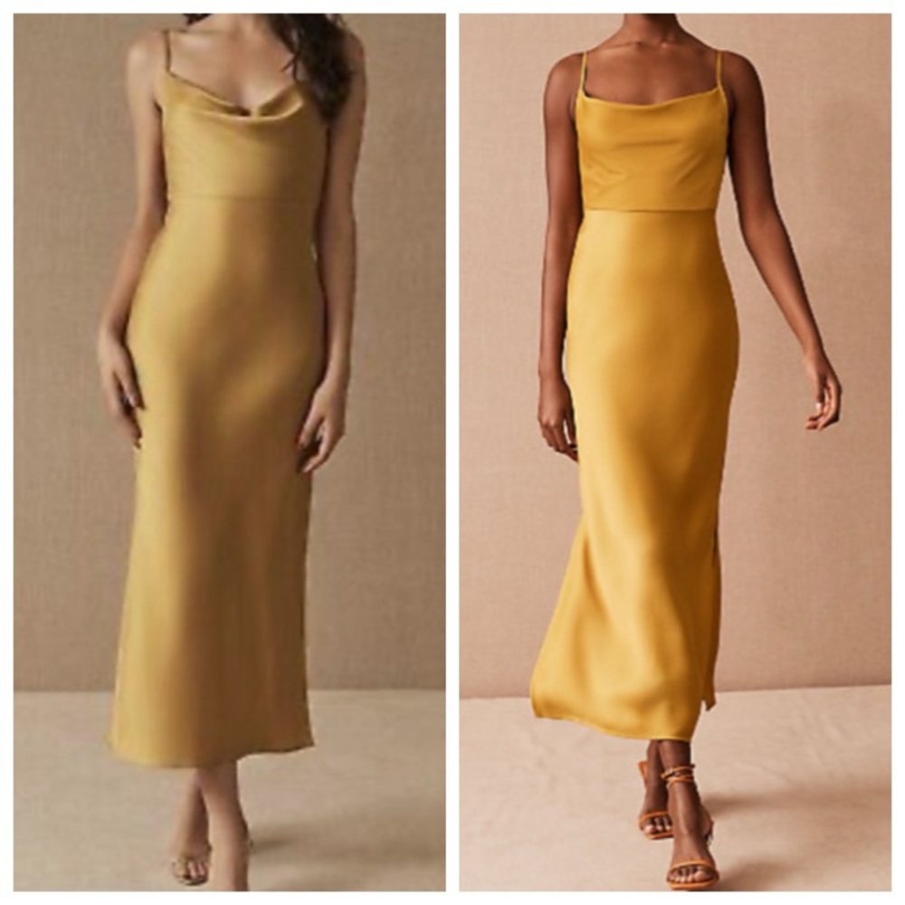 SACHIN & BABI Mustard Gold Satin Bridesmaid Spaghetti Strap Long Dress Side Slit